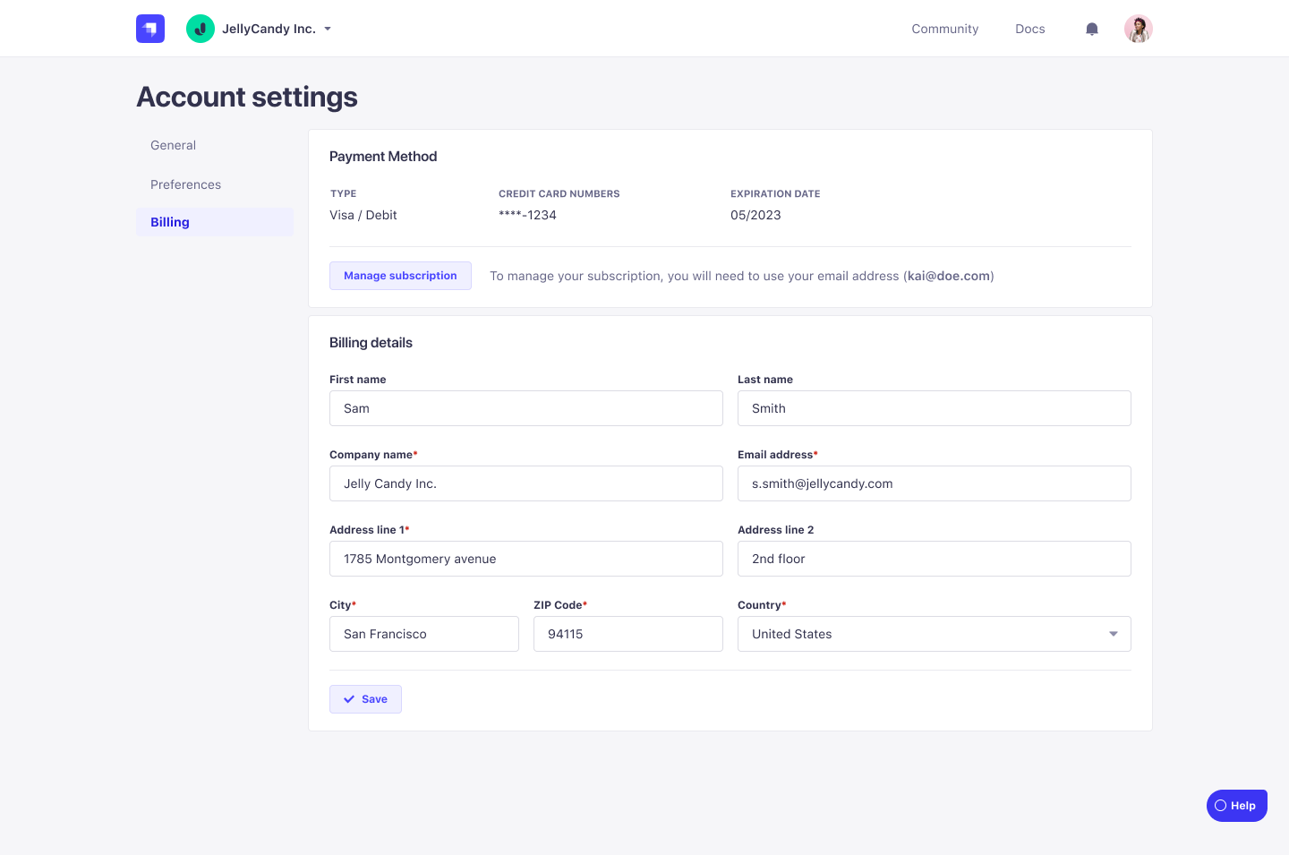 Account billing settings